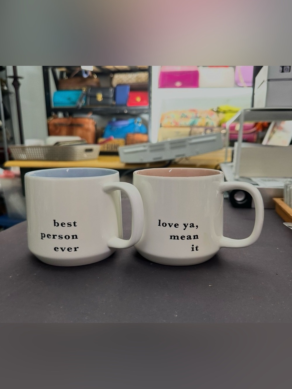 White Ceramic Mug Set with Pastel Interior - Best Person Ever & Love Ya
